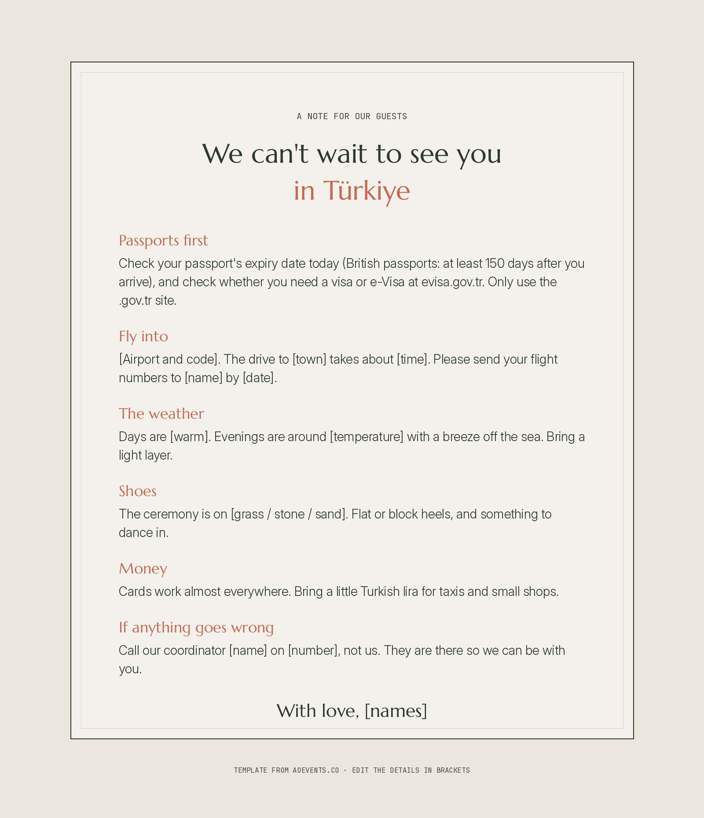 Printable welcome note for wedding guests travelling to Turkey, covering passports, arrival, shoes, evening temperatures and who to call