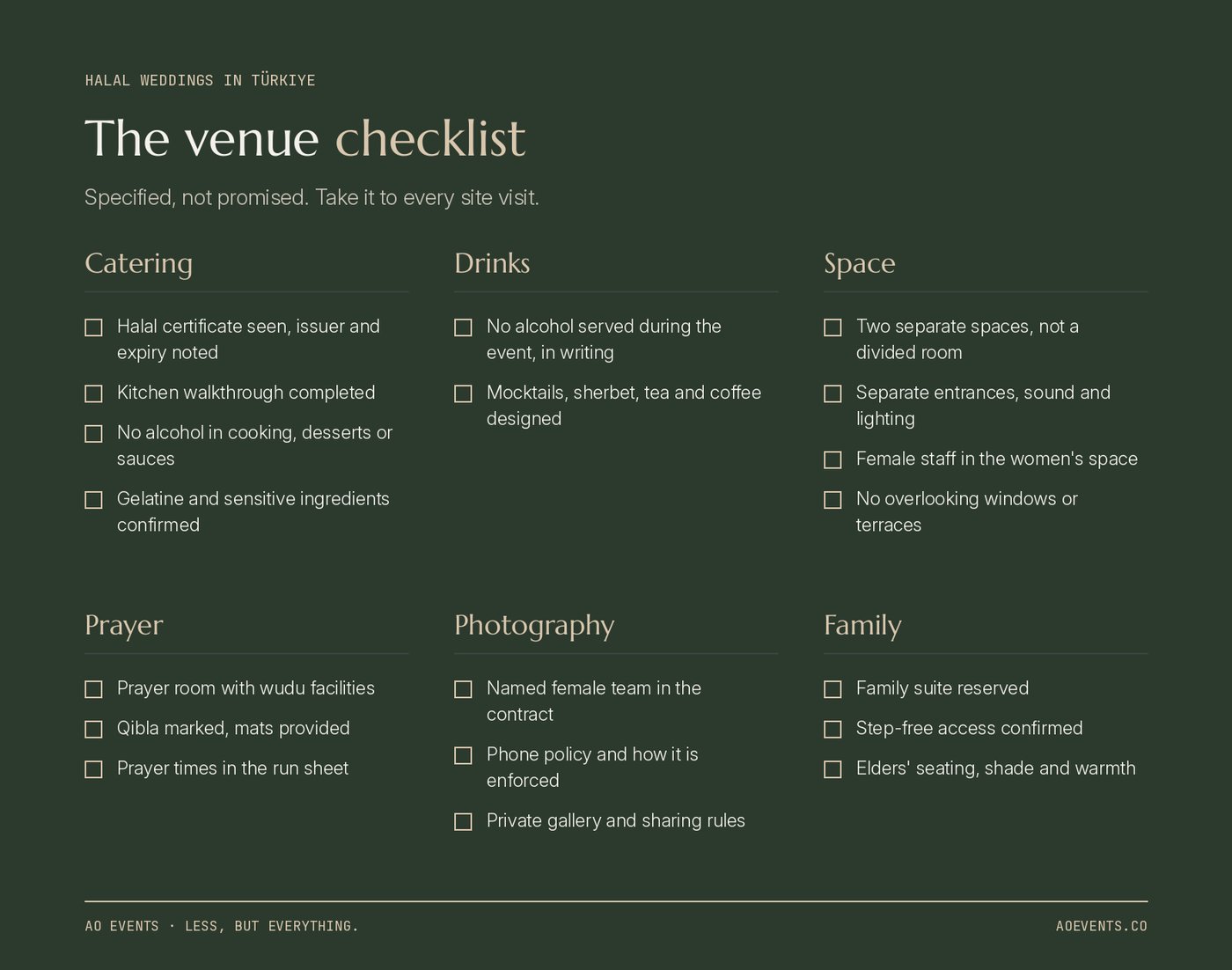 Halal wedding venue checklist for Turkey: certificate on file, kitchen walkthrough, dry bar, separate entrances, prayer room and female photography team