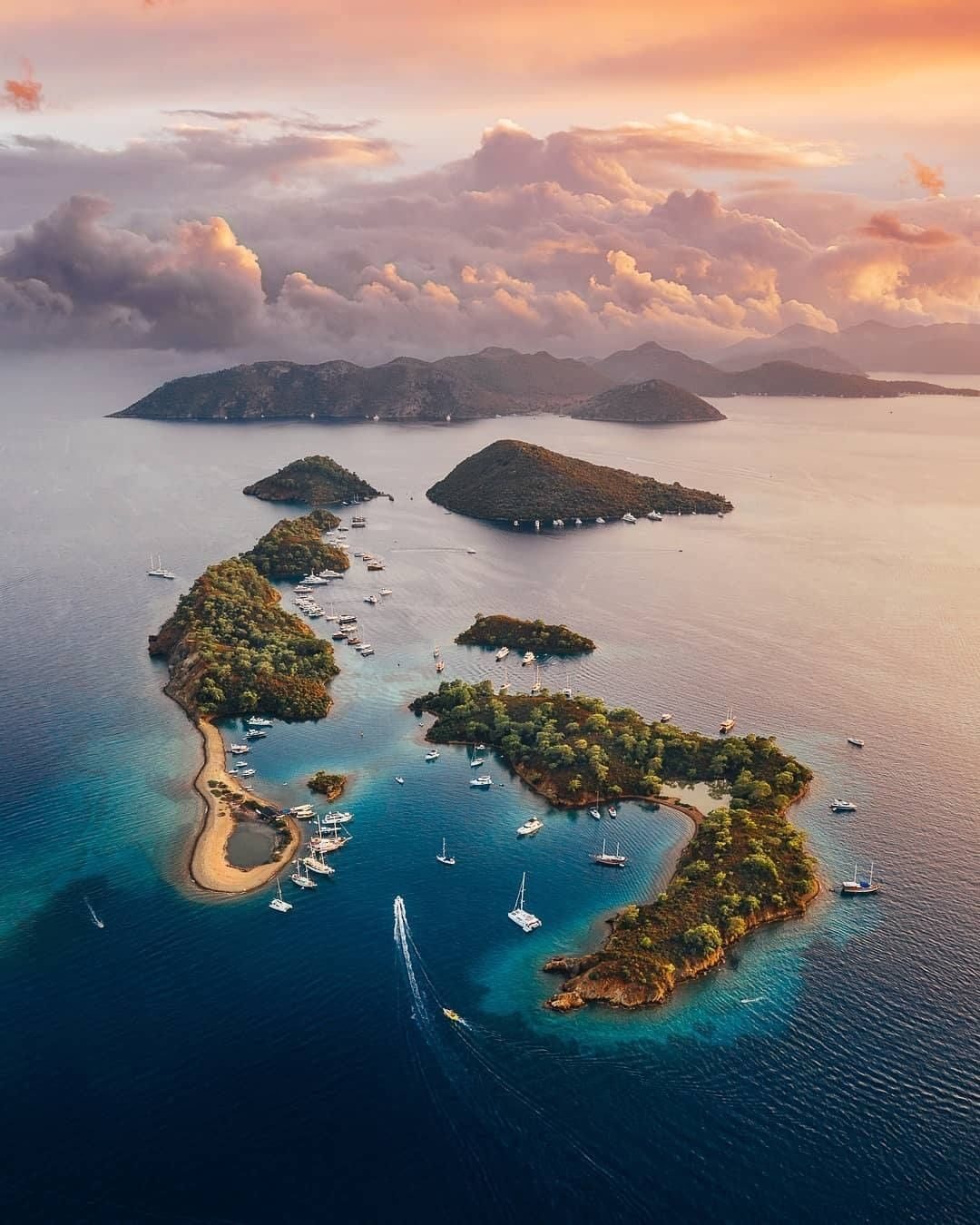 Göcek islands aerial — turquoise sea, sunset sky